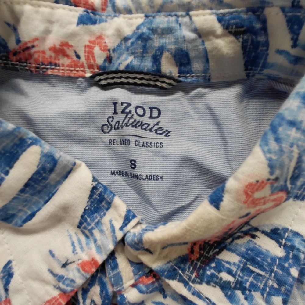 IZOD Saltwater Woven Chambray Hawaiian Flamingo Shirt SMALL Blue Tropical Button - Picture 6 of 7